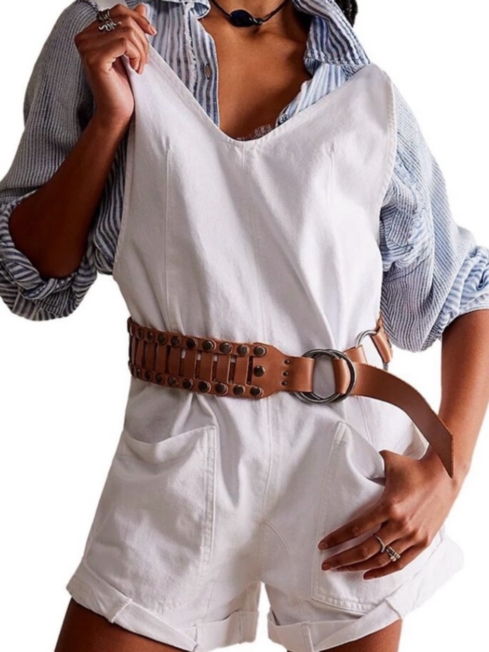 FREE PEOPLE High Roller Shortall White Denim Oversized Romper M NWT